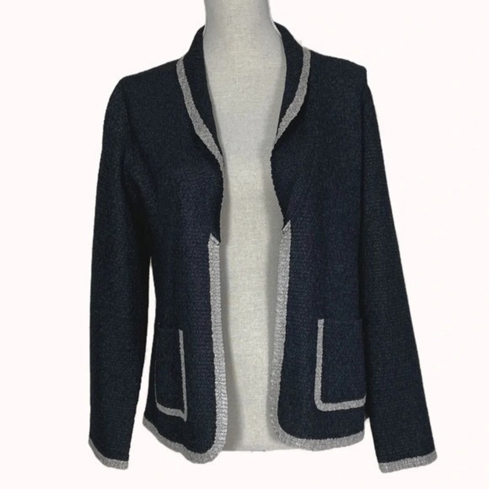 Chico's Travelers Collection Blazer Women Size 0 Black Taupe Trim Open Front